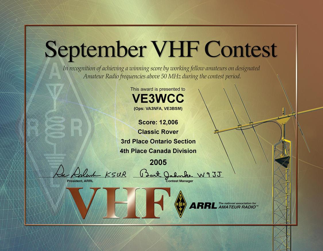 2005 September VHF Contest certificate
