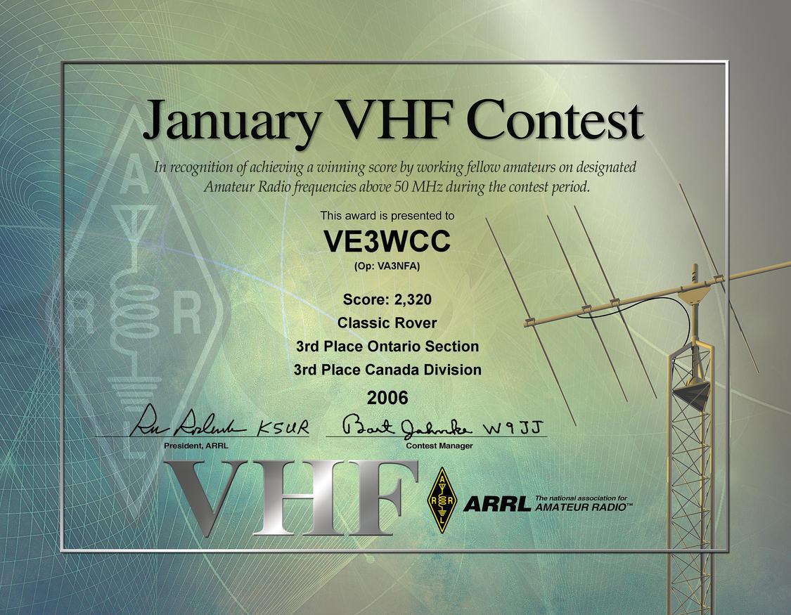 2006 January VHF Contest certificate