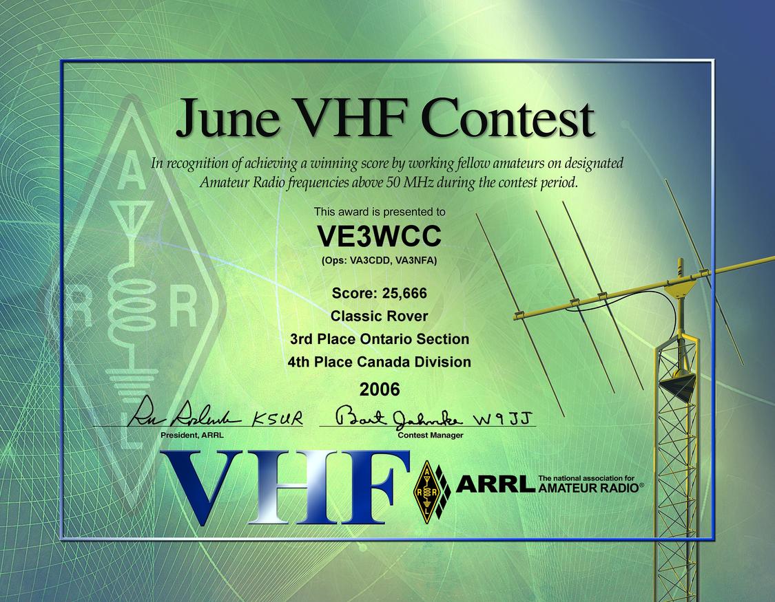 2006 June VHF Contest certificate