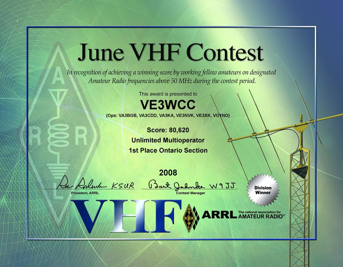 2008 June VHF Contest certificate