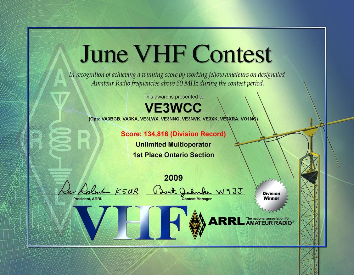 2009 June VHF Contest certificate