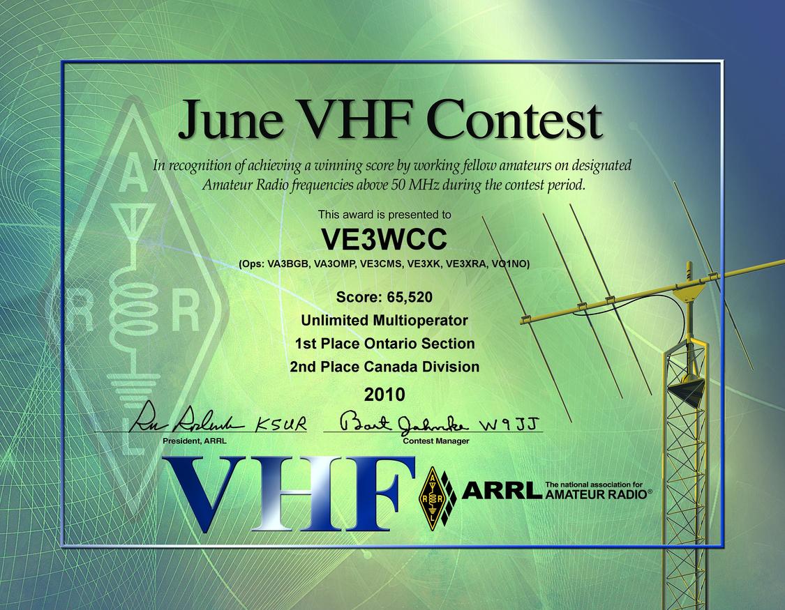 2010 June VHF Contest certificate