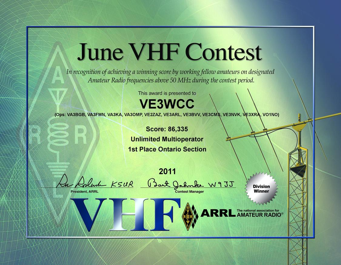 2011 June VHF Contest certificate