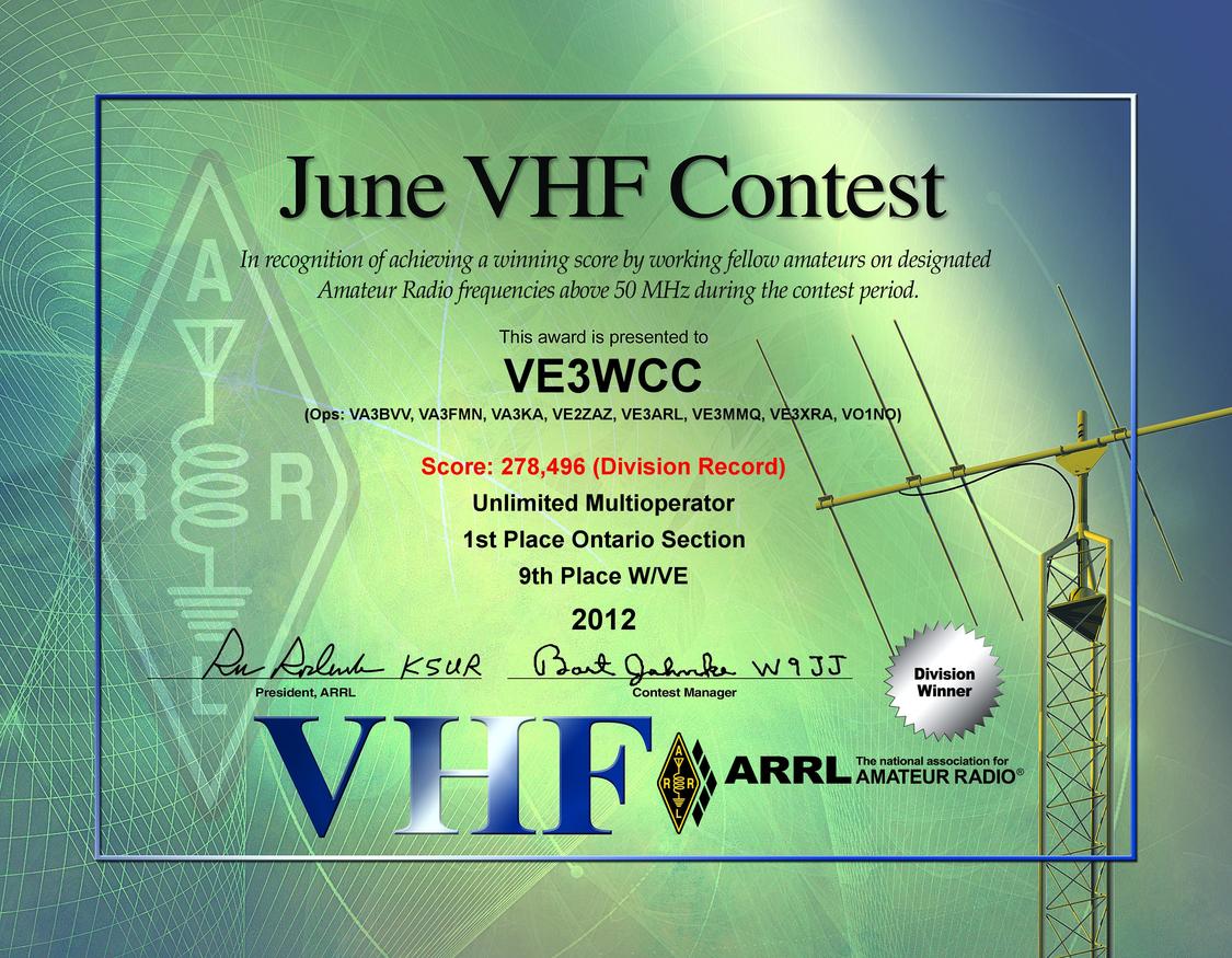 2012 June VHF Contest certificate