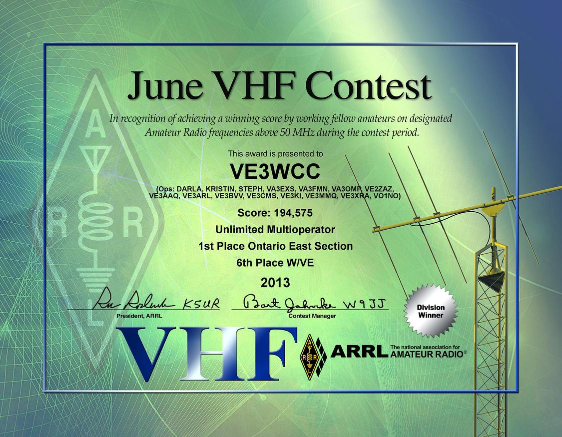 2013 June VHF Contest certificate