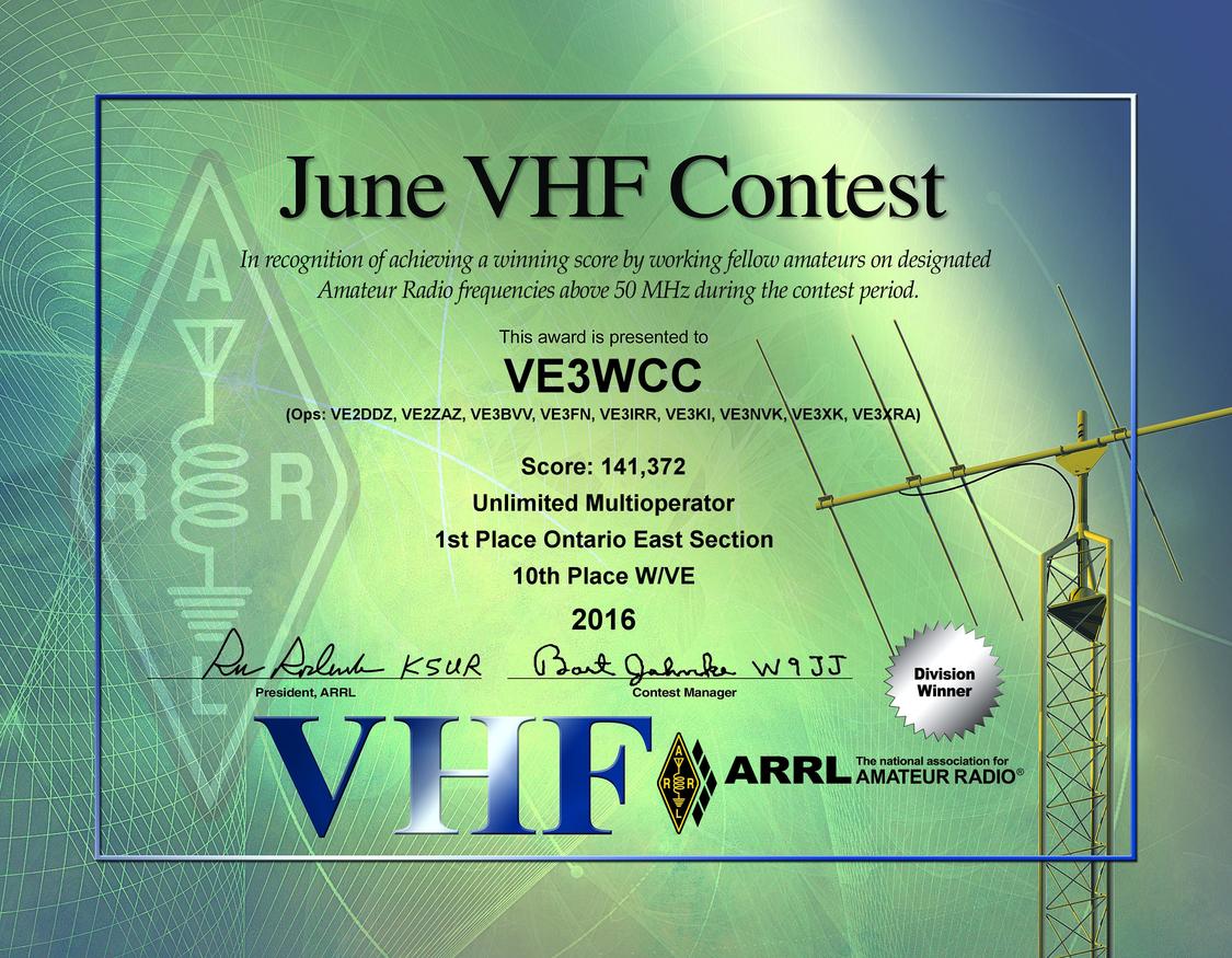 2016 June VHF Contest certificate