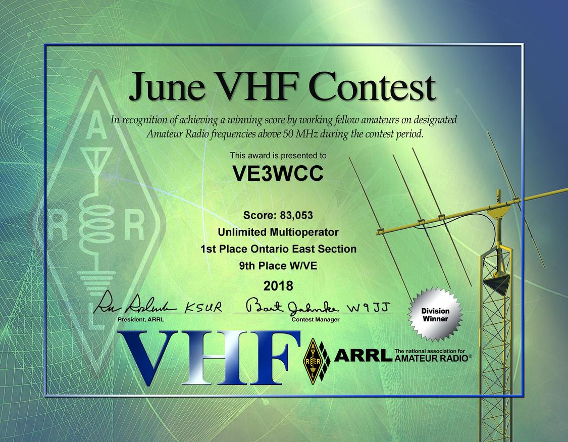 2018 June VHF Contest certificate