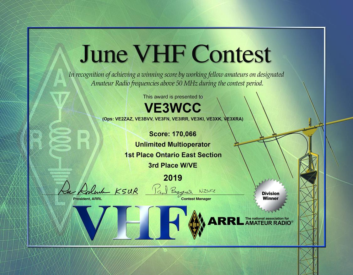 2019 June VHF Contest certificate