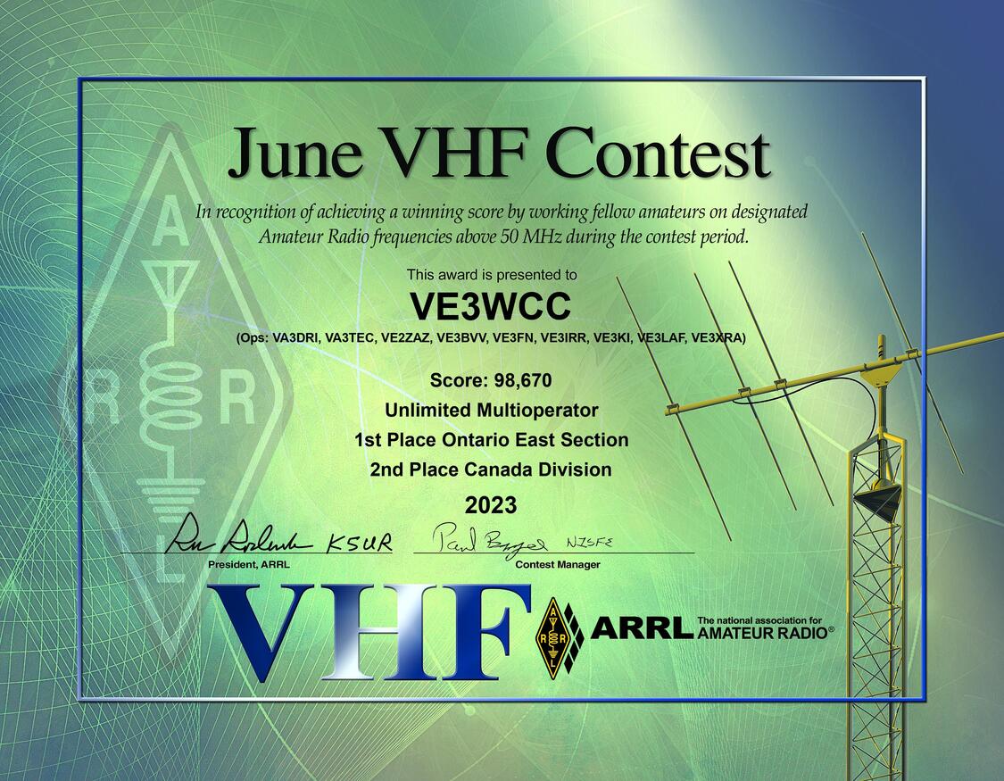 2023 June VHF Contest certificate